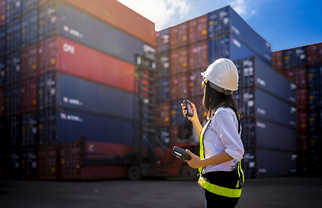 Photo of shipping containers stacked and a worker in a hardhat.