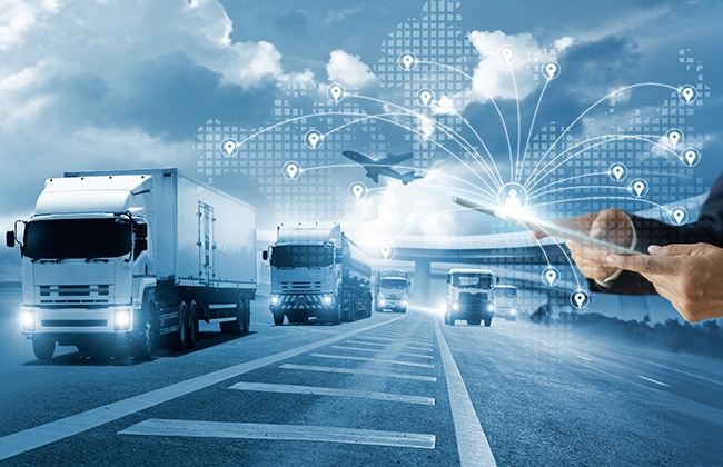 Photo of trucks and planes and map iconography